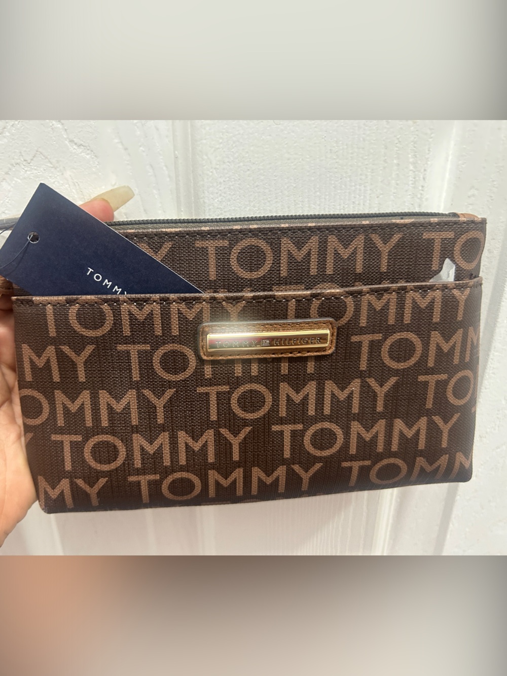 Tommy Hilfiger Brown Logo Zip Wristlet with Gold Plaque